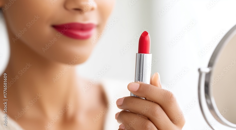 Obraz premium Woman Holding Red Lipstick in Mirror