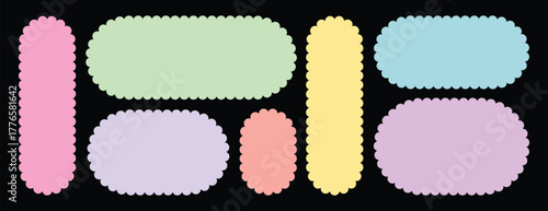 Zigzag round wavy shape frames. Scallop Frame Wavy Retro Stickers Collection. Zig Zag Edge Geometric Borders shape. Vector illustration