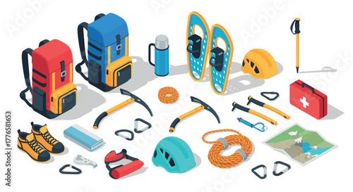 Isometric winter hiking gear with backpacks and safety equipment