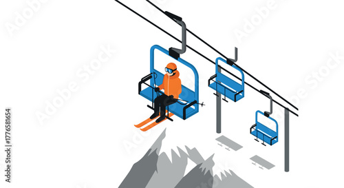 Isometric ski lift scene with skier in orange gear over snowy mountain