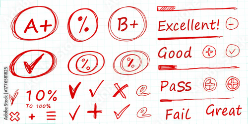 Hand drawn red school grading symbols and words like a plus b plus excellent good pass fail on a graph paper background