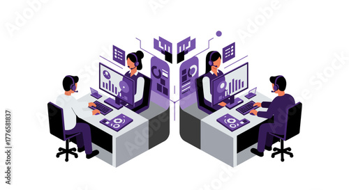 Isometric Illustration of Customer Service Representatives Working.