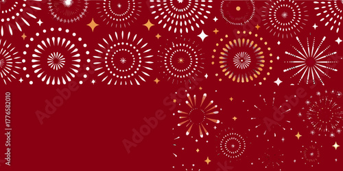 Festive abstract fireworks and starburst patterns on a deep red background for celebrations