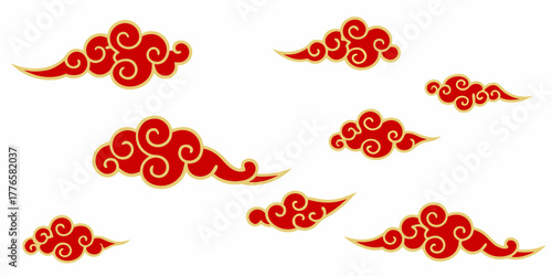 Traditional red and gold swirling clouds pattern asian decorative elements