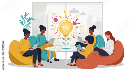 Diverse Team Brainstorming Ideas Around a Lightbulb Symbol.