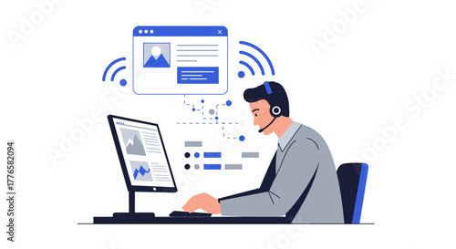 Customer Service Representative Working on Computer with Headset.