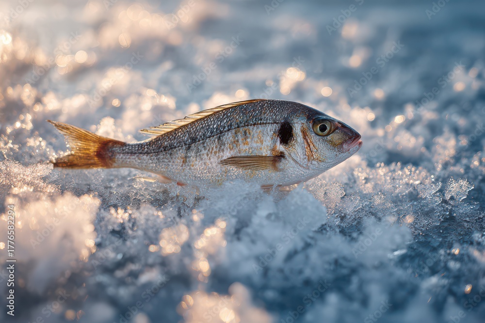 Fototapeta premium Fishing catch resting on glistening ice in tranquil winter scenery at sunset