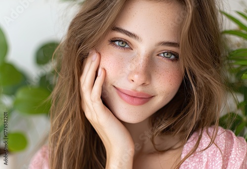 a beautiful woman with long hair is touching her face and smiling at the camera