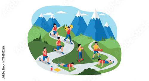 Outdoor fitness activities in the mountains flat style group workout