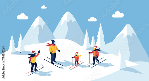 Winter family ski trip in scenic mountain landscape with flat design elements