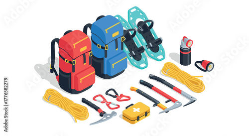 Isometric camping gear set with backpacks, climbing tools, and safety equipment