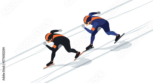 Dynamic ice skating race in stylized flat design with athletes in motion