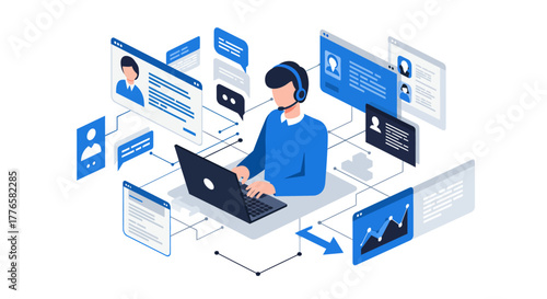 Customer Service Representative Working on Laptop with Headset.