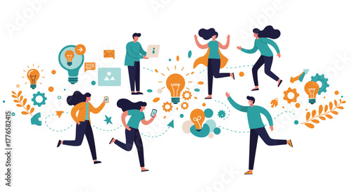 Creative Team Collaboration with Light Bulbs and Ideas.