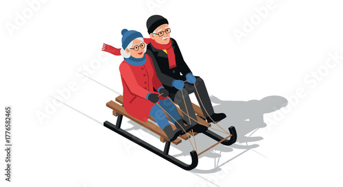 Elderly couple sledding in winter clothes in isometric design on a snowy day