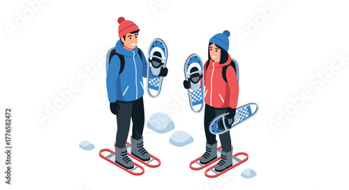 Winter adventure with snowshoes in isometric style