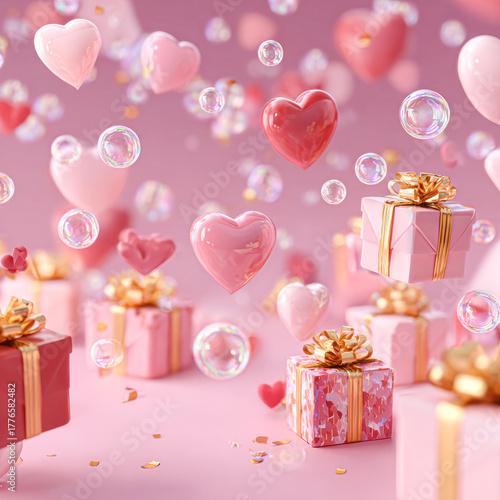 A whimsical scene featuring floating hearts, colorful gift boxes, and bubbles, all set against a soft pink background.