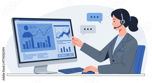 Businesswoman Analyzing Data on Computer Screen with Headset.