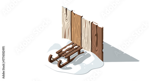 Wooden sledge by snowy fence in isometric winter scene