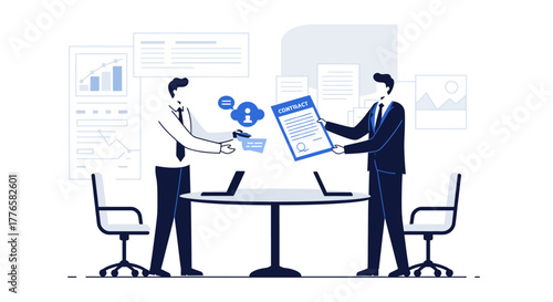 Business Professionals Exchanging Contract Document in Office Setting.