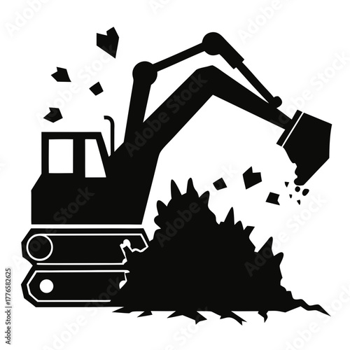 Excavator digging dirt and debris silhouette