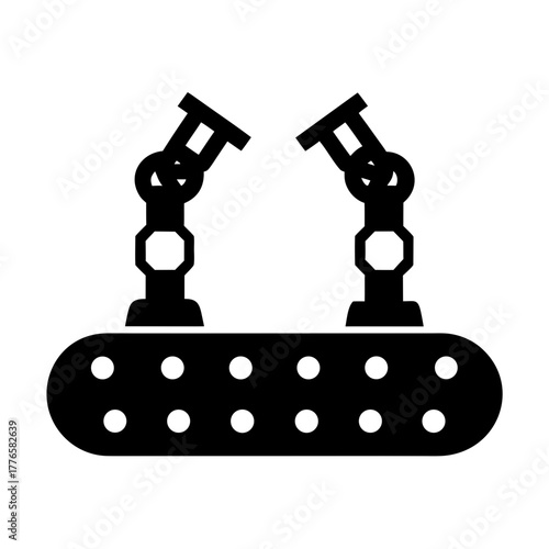 Industrial robotic arms over conveyor belt silhouette