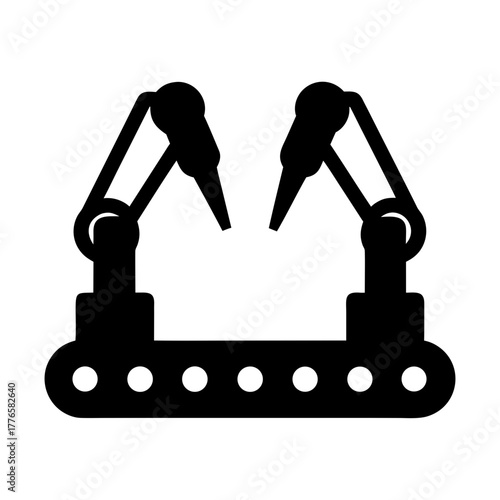 Industrial robotic arms on conveyor belt silhouette