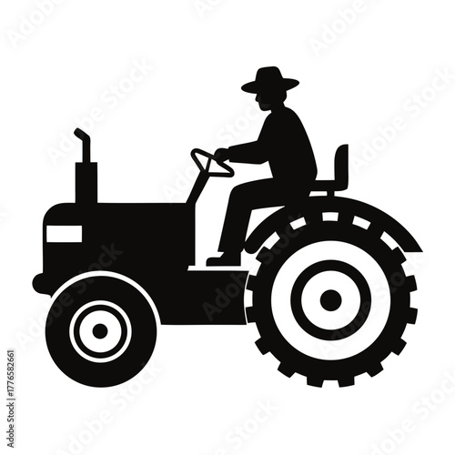 Farmer driving tractor silhouette on white background