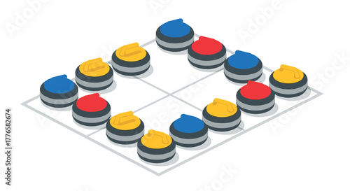 Curling stones game concept in isometric design on ice rink background