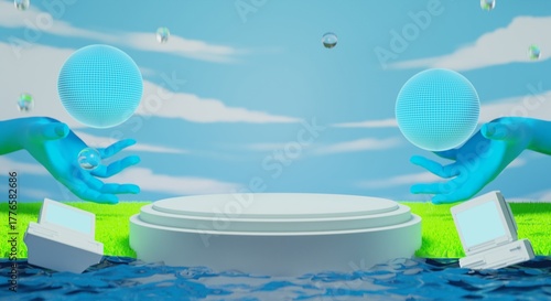 retro-future y2k 2000s frutiger aero aqua web 2.0 gloss with stage podium for product display showcase, 3d illustration rendering abstract background, technology and nature environment concept