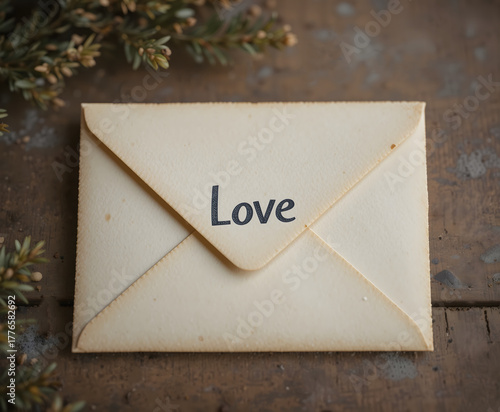 Vintage cream envelope with word Love on rustic wooden table romantic message concept