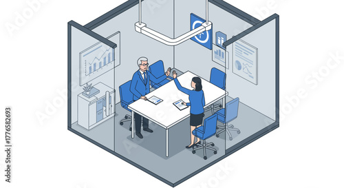Business Meeting in Modern Office Cubicle Illustration.
