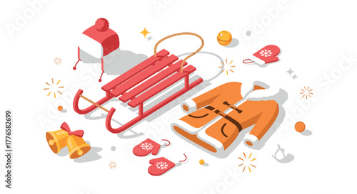Winter essentials in isometric style sled, wool hat, mittens, and warm coat