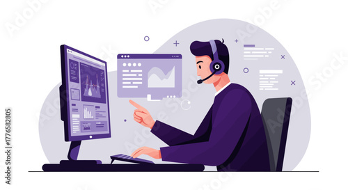 Customer Service Representative Working on Computer with Headset.