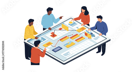 Team Collaborating Around Interactive Digital Interface Table.