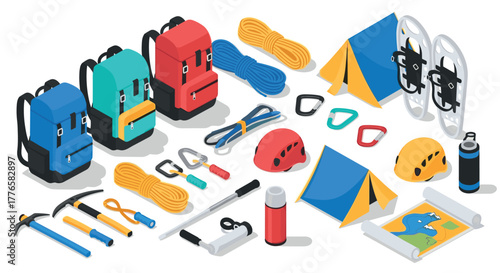 Isometric camping and hiking gear collection with backpacks and equipment