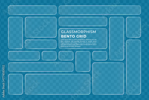 Glass morphism bento grid UI template with frosted glass effect elements for modern user interface and experience design, web development components.
