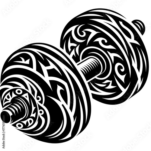 Tribal dumbbell vector illustration. Gym and fitness symbol with a decorative tattoo pattern. Black silhouette for bodybuilding and workout design