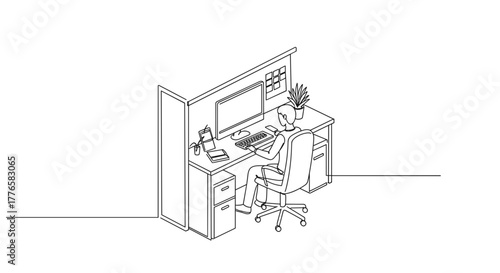 Isometric illustration of a person working in an office cubicle. Continuous one-line art drawing of a modern workspace. Minimalist vector graphic.