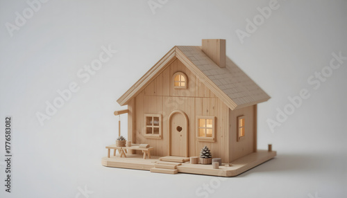 Analysis (EN): Cozy miniature wooden house model with warm glowing lights in windows on a neutral background, evoking Scandinavian home decor and Christmas village scenes.​
Анализ (RU): Уютный миниатю