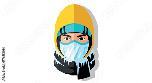 Winter traveler in mask and scarf with yellow hood