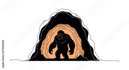 Line art illustration of a monster in a cave. Sasquatch or Yeti creature silhouette. Mysterious cryptozoology vector graphic
