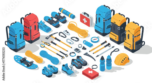 Isometric camping gear set with backpacks, hiking boots, and safety equipment on white background