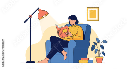 A woman reading a book in a comfortable armchair. Cozy home interior and leisure concept. Flat design vector illustration