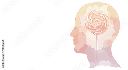 Silhouette of a human head with a lollipop inside. A vector concept for sugar addiction, desire, and psychology. Minimalist pastel illustration