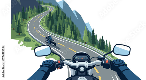 Scenic motorcycle ride through winding mountain road with lush forest and clear blue sky