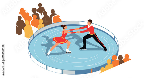 Elegant ice dance performance in a colorful isometric arena with enthusiastic audience