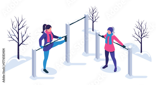 Outdoor winter exercise scene with women stretching and warming up in snowy park