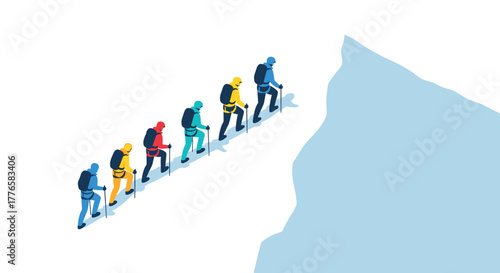 Team of hikers in vibrant colors ascending a mountain in isometric style