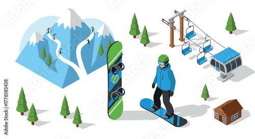 Isometric winter sports scene with snowboarder in blue gear and mountain landscape